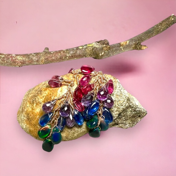 Natural Rainbow Gemstone: Opal Tourmaline Ruby Earrings in Solid 18K Rose Gold - Picture 10 of 15
